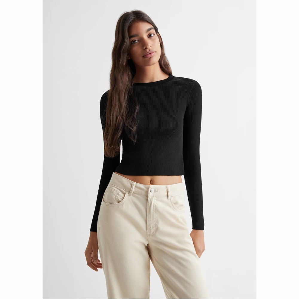 Zara Black Ribbed Long Sleeve Crop Tee